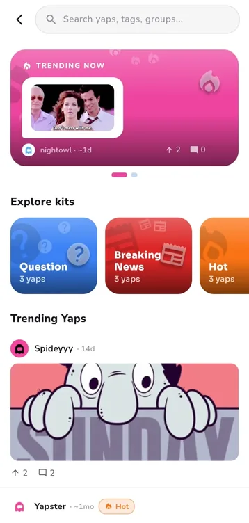 The Discover screen with trending Yaps.
