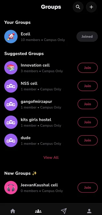 The groups screen, listing campus groups you can join.