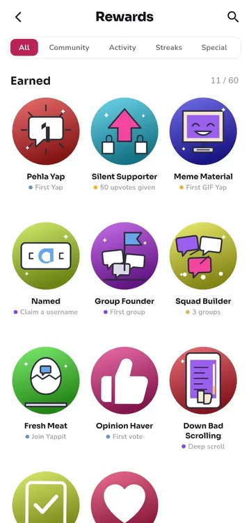 The rewards screen showing Yappit badges.